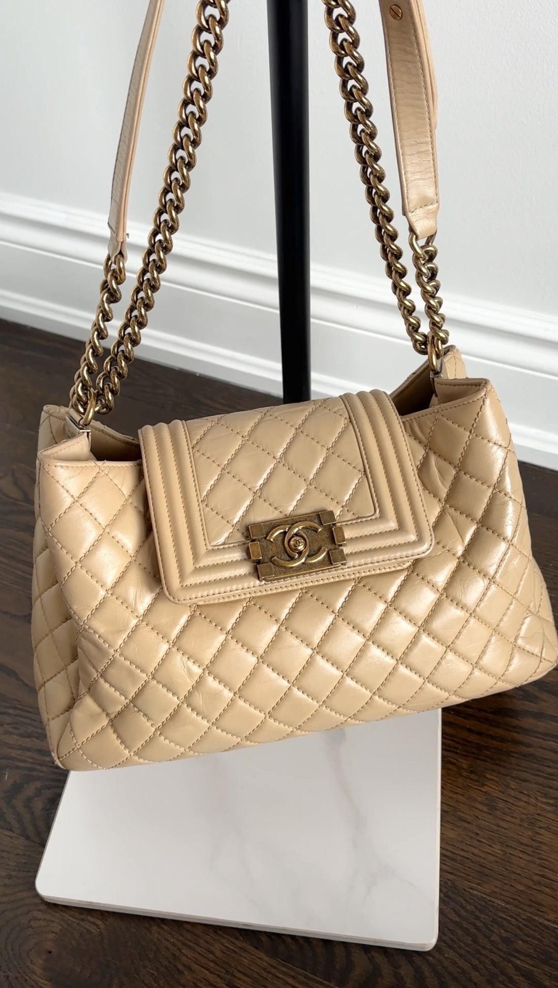 Chanel Beige Quilted Leather Boy Accordion Chain Tote Bag