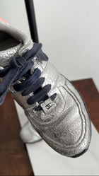 Chanel Silver Crackle Leather and Navy Sneakers - 36