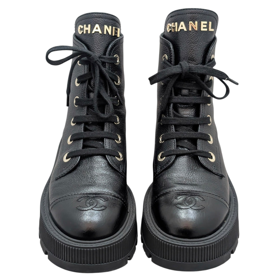 Chanel 23A Black Calfskin CC Cap-Toe Platform Combat Boot - 37