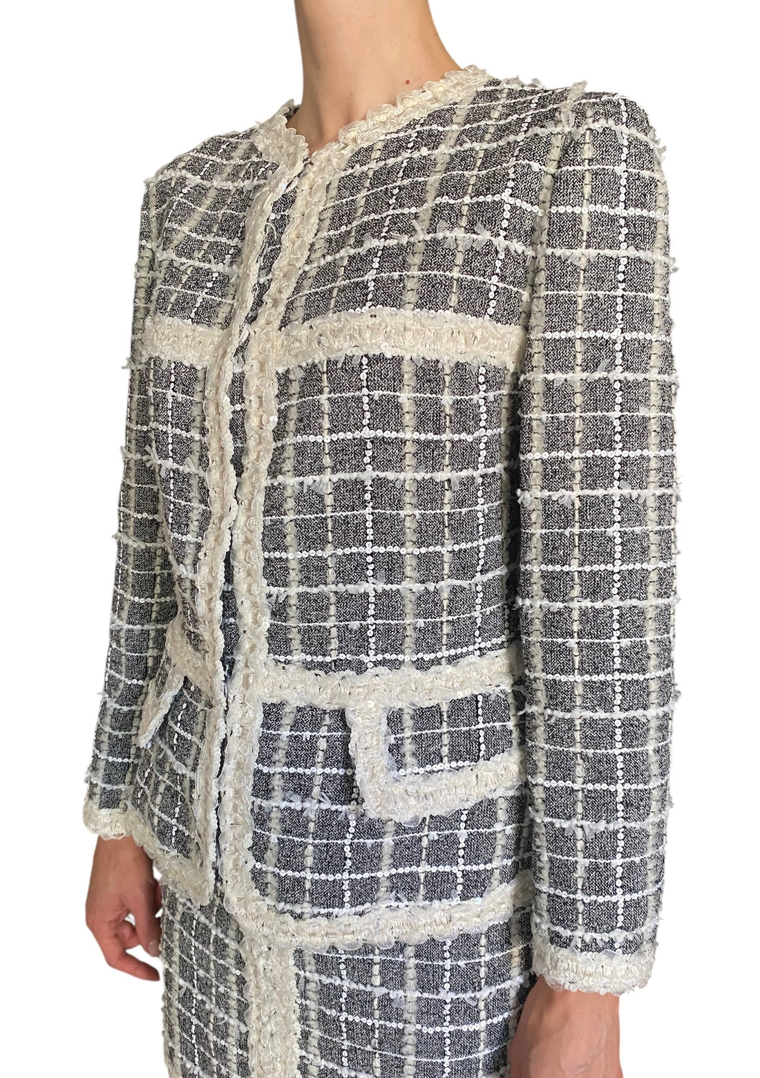 Giambattista Valli Grey & White Sequin Check Tweed 2-Piece Jacket & Skirt Set - IT 44 / US 6-8