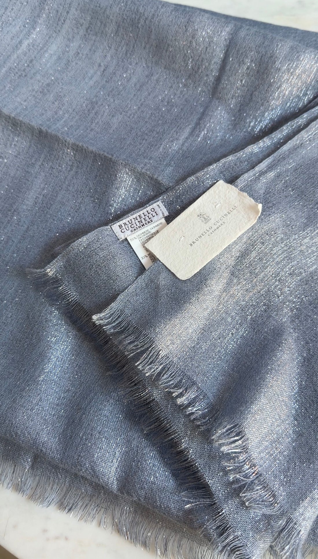 Brunello Cucinelli Steel Blue Grey Cashmere Blend Shimmer Shawl Scarf