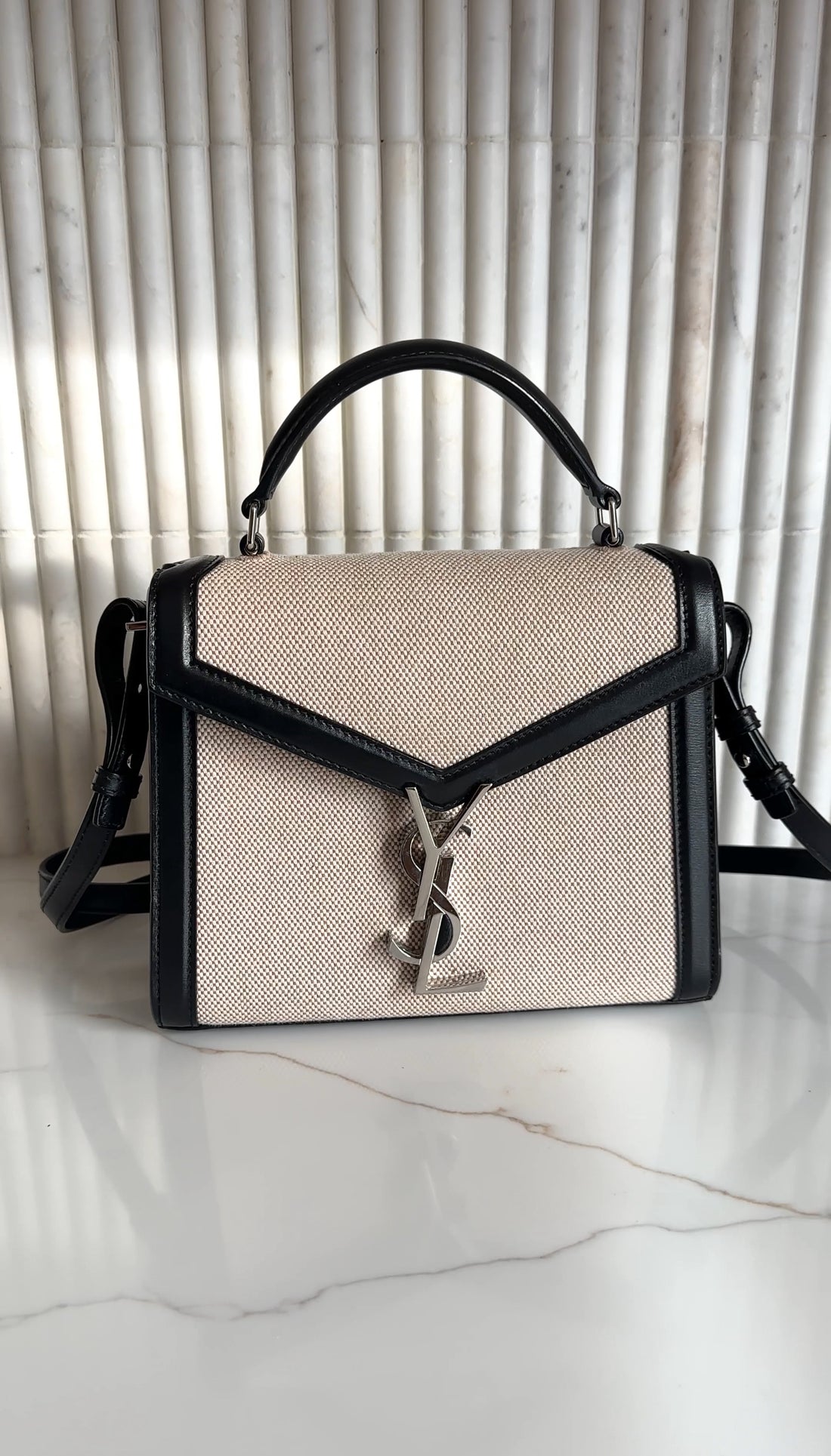 Saint Laurent Mini Cassandra Canvas and Black Leather Top Handle Bag