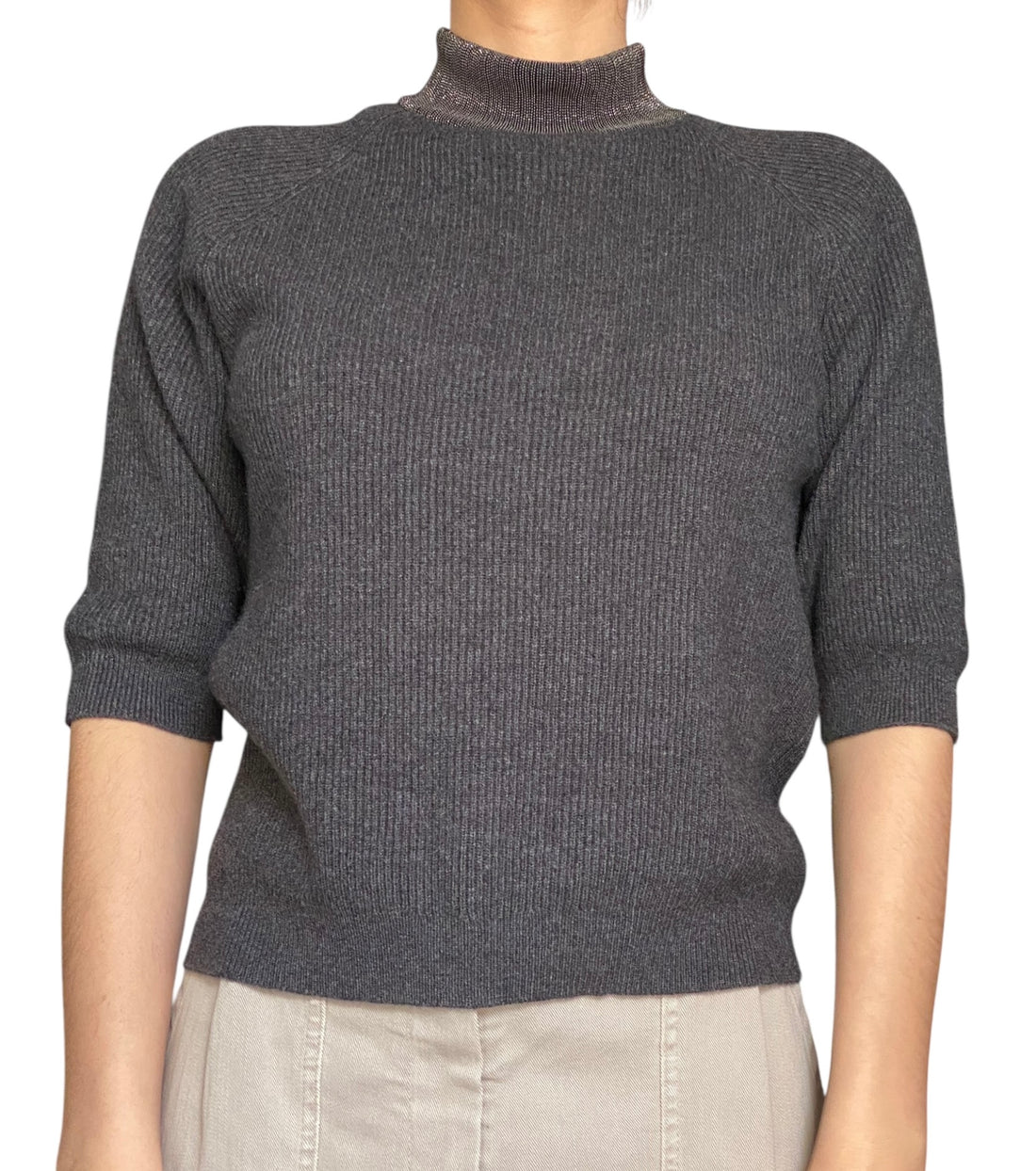Brunello Cucinelli Monili Cashmere Ribbed Turtleneck Top - M