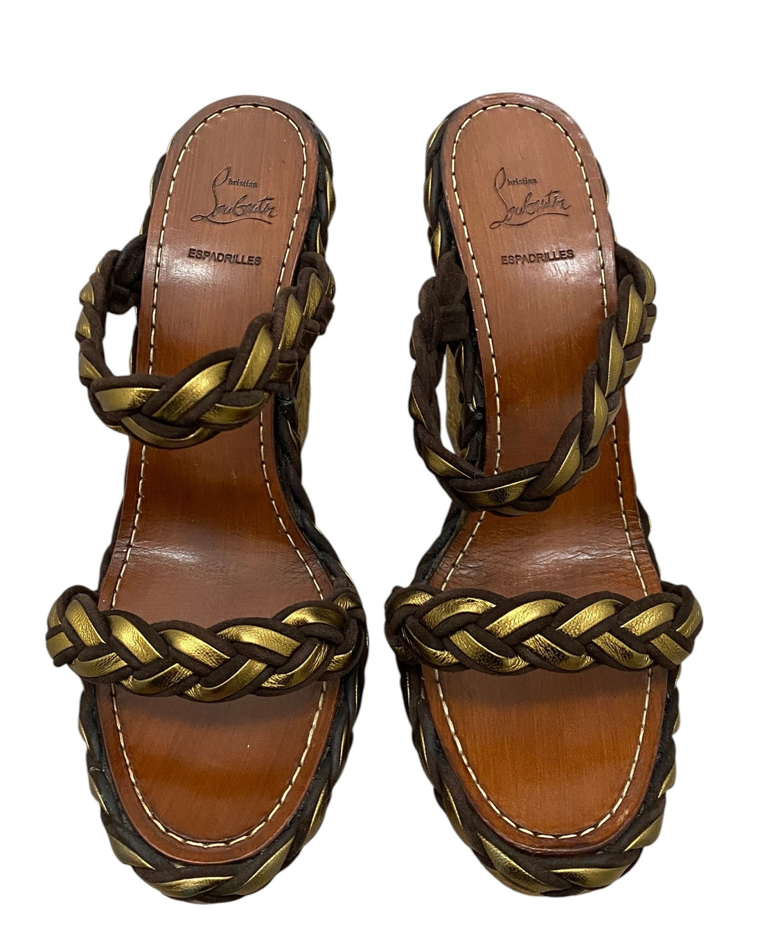 Christian Louboutin Brown and Gold Braided Leather Espadrille Wedge Sandal - 40