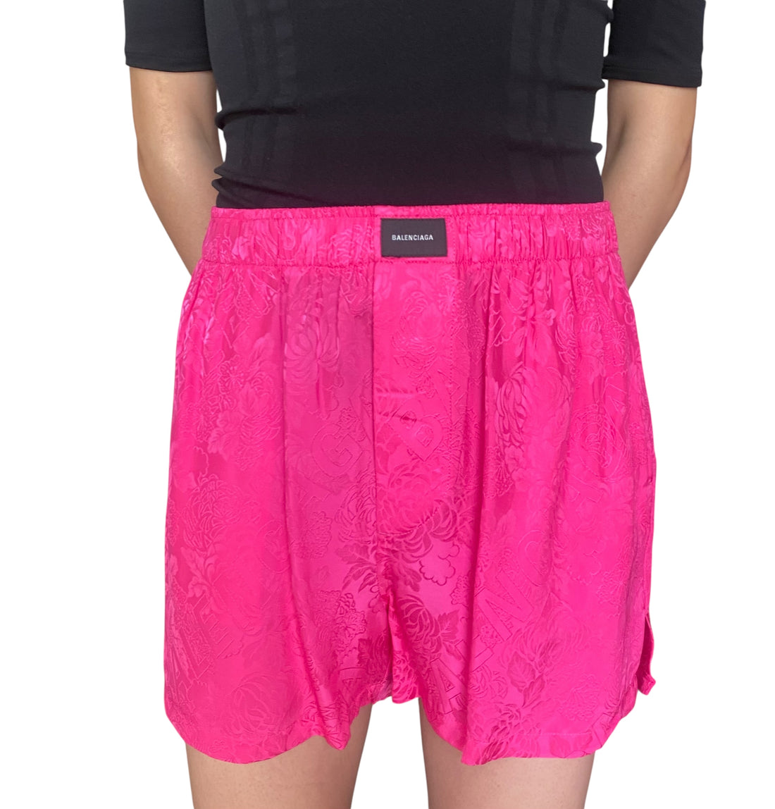 Balenciaga Pink Satin Floral Jacquard Logo Pyjama Shorts - 34