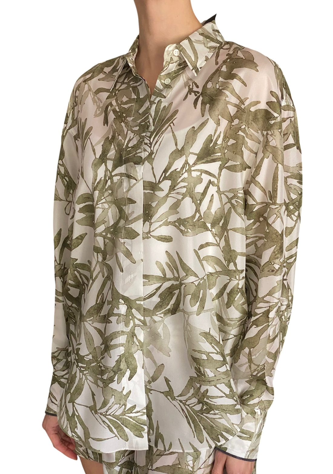 Brunello Cucinelli Green Silk Olive Print Long Sleeve Shirt - S / US 4-6