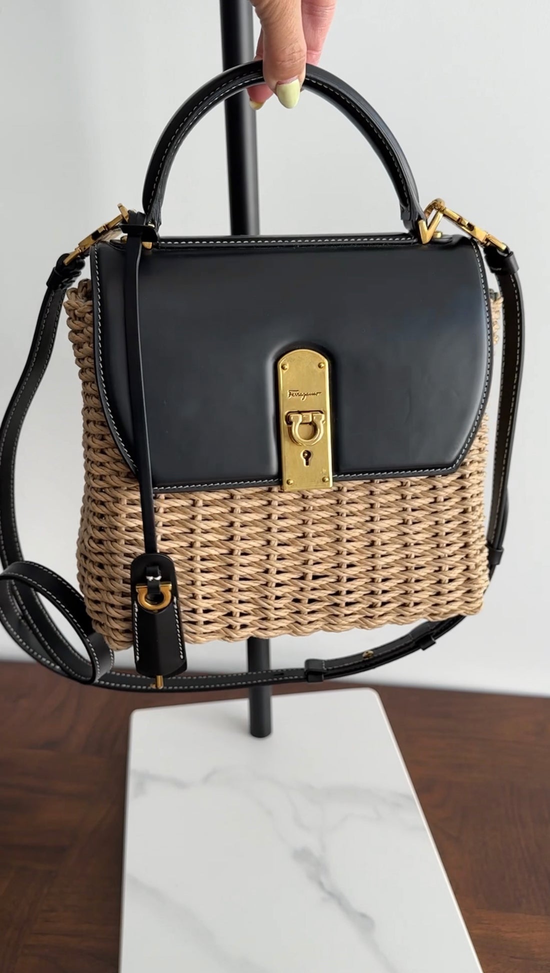 Ferragamo Black Leather and Wicker Small Boxyz Bag