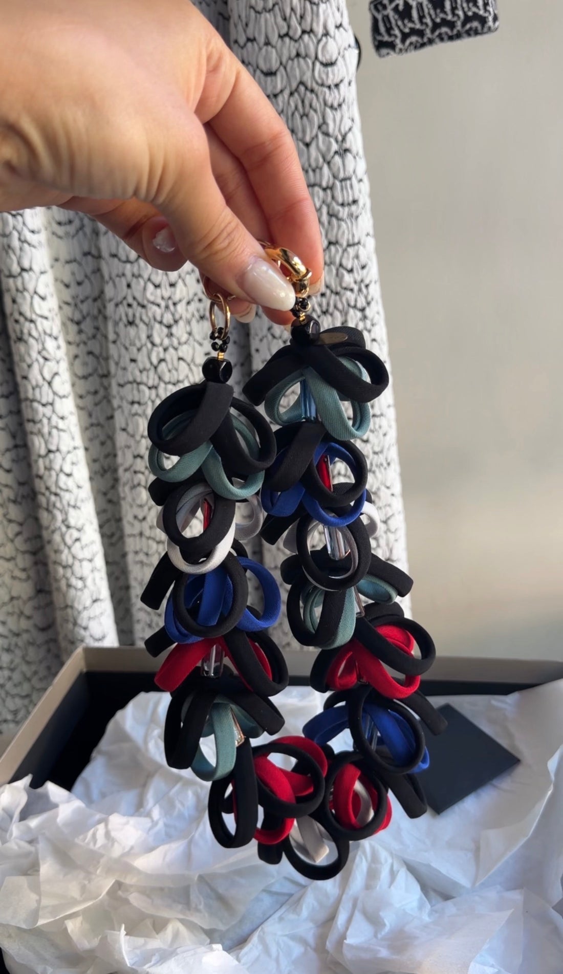 Giorgio Armani Black Red White Blue Glass Bead Fabric Looped Statement Necklace