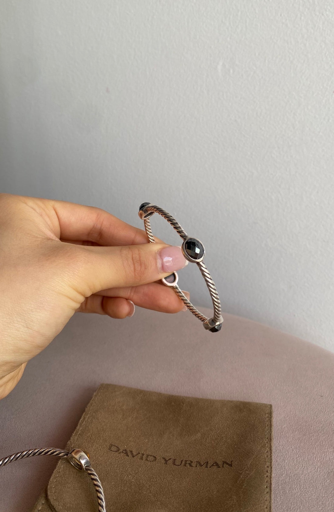 David Yurman Black Hematite and Sterling Silver Chatelaine Station Cable Bangle 3mm