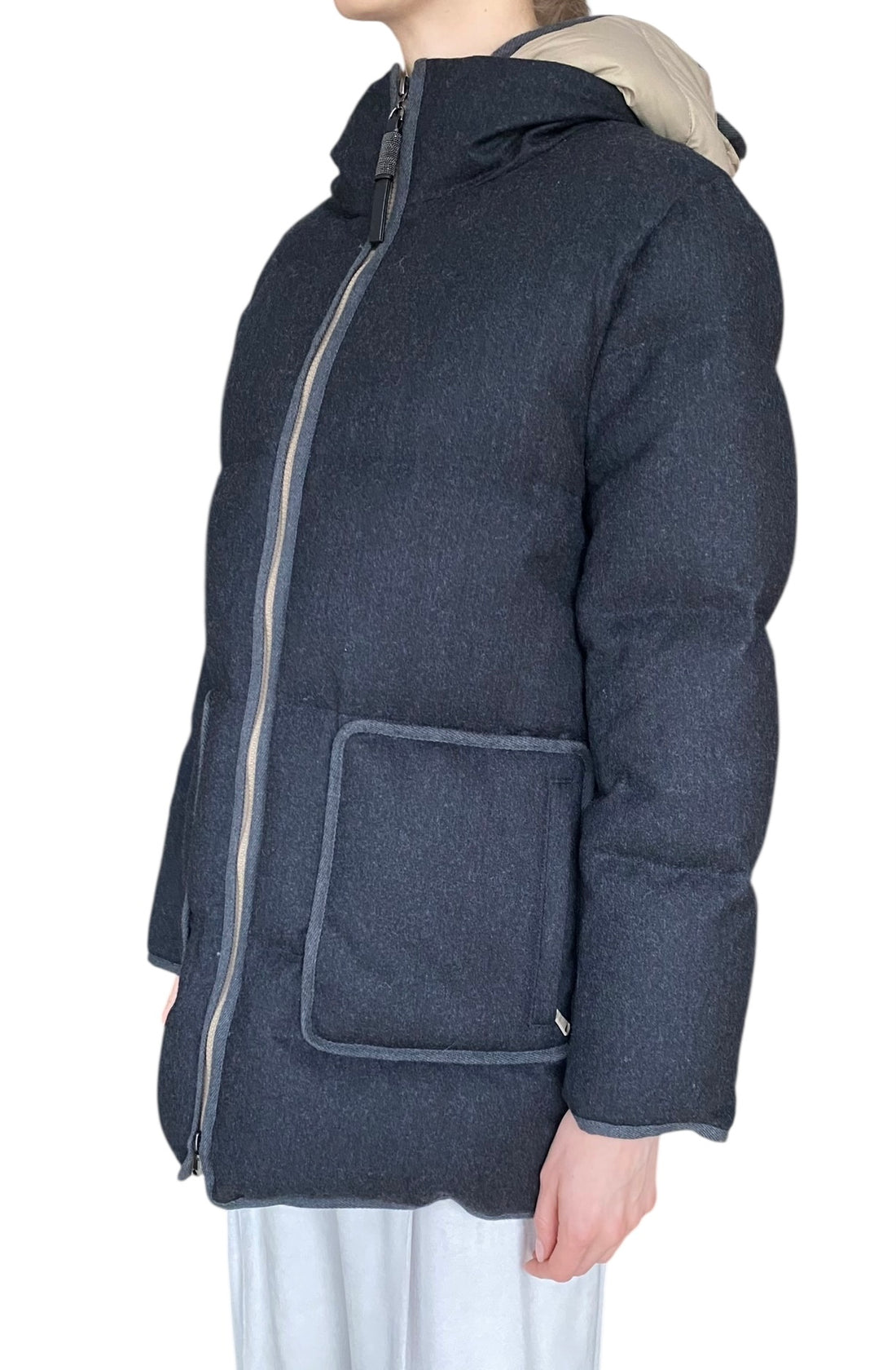 Brunello Cucinelli Dark Grey Wool Hooded Down Jacket - IT 40 / US 4-6