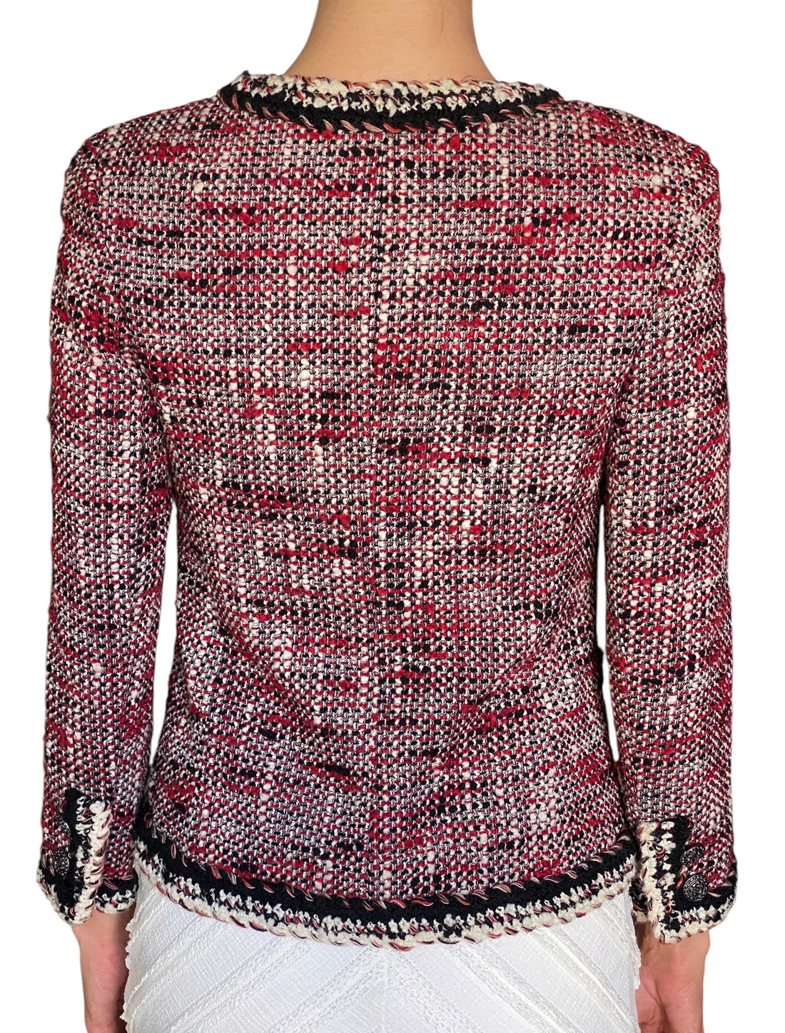 Chanel 2010 Red Tweed Boucle Ruthenium Button Jacket - FR 36 / US 2