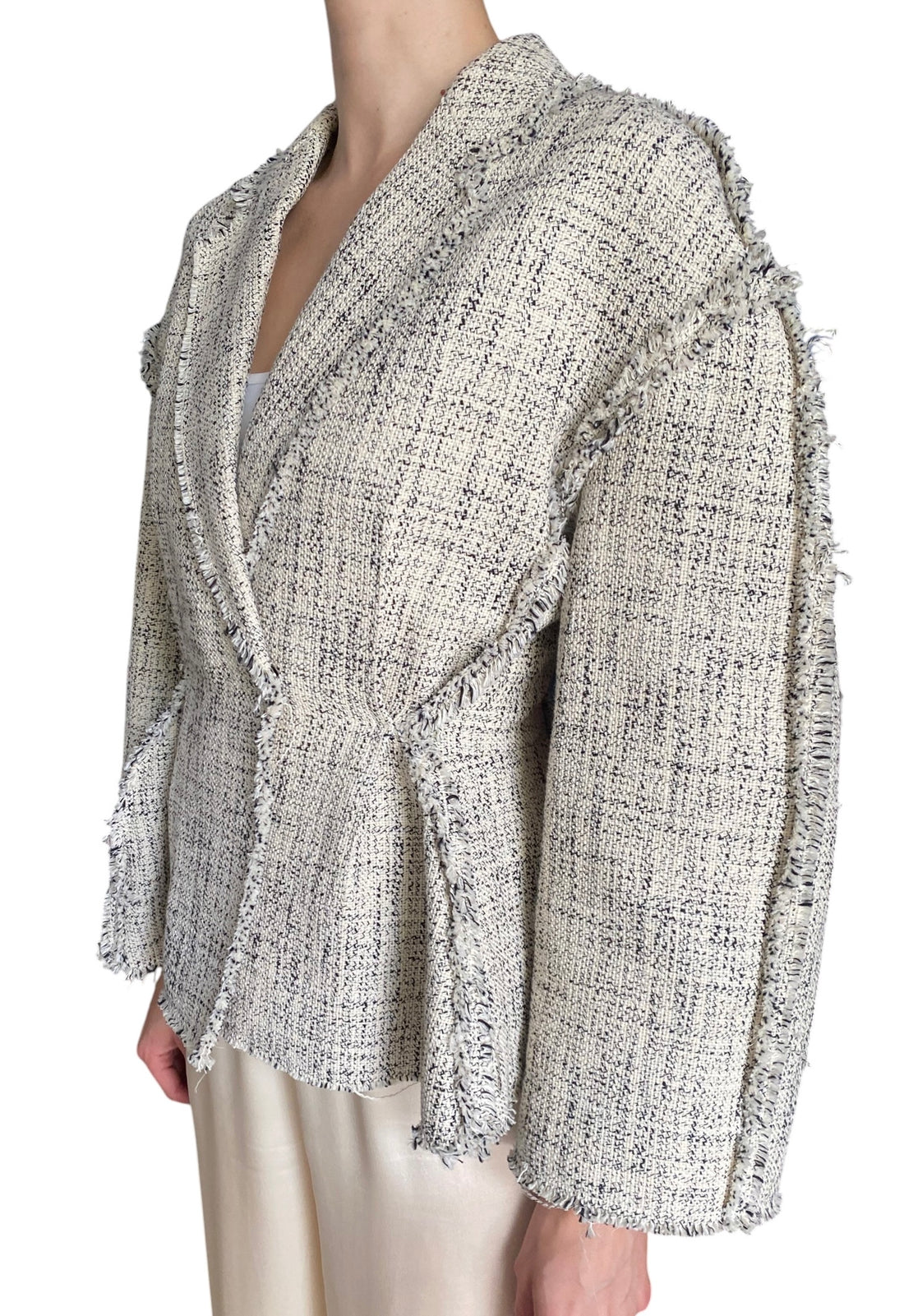 Erdem Beige & Black Cotton Tweed Pleated Raw Hem Blazer - IT 42/ US 8