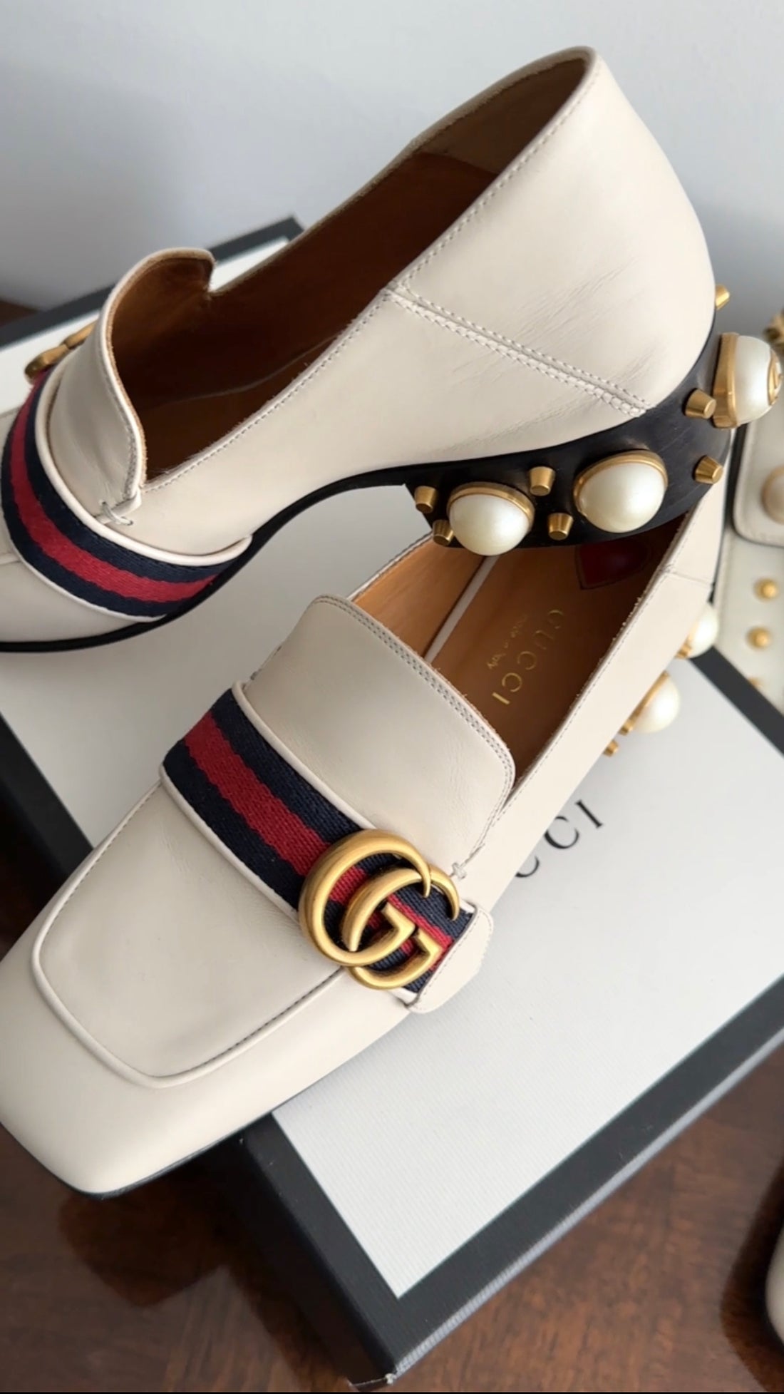 Gucci Marmont Ivory Leather Web Mule Slides - 35