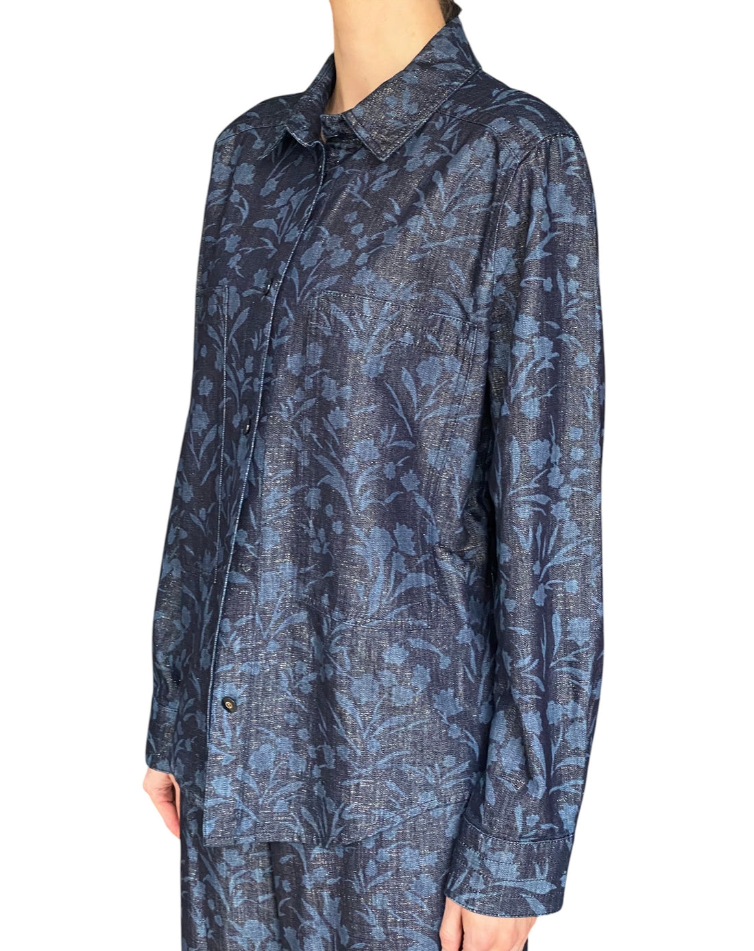 Giorgio Armani Navy Floral Printed Metallic Denim Long Sleeve Shirt - IT 44 / US 8-10