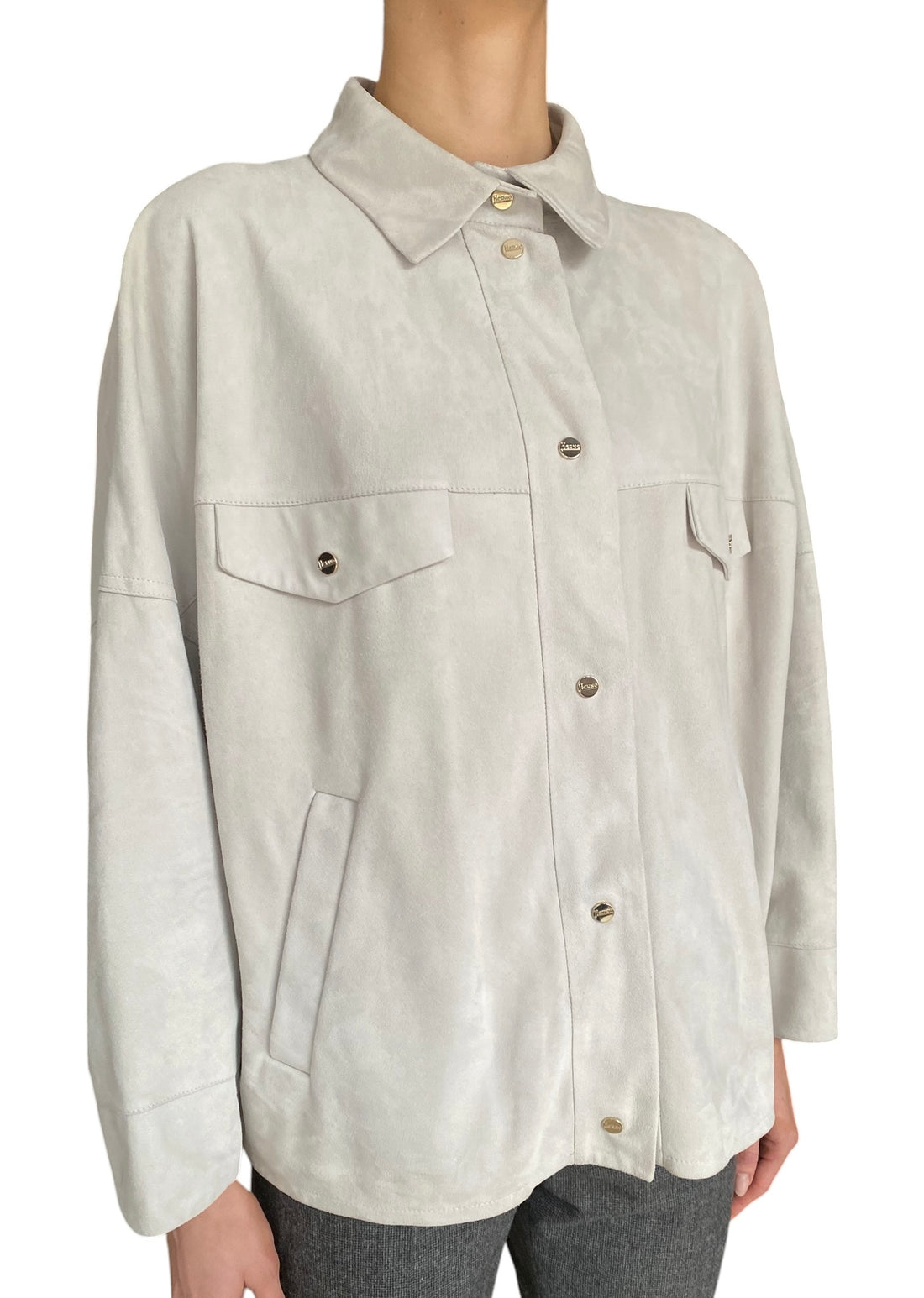 Herno Ecru Suede Snap Button Shirt Jacket - IT 40 / US 6-8