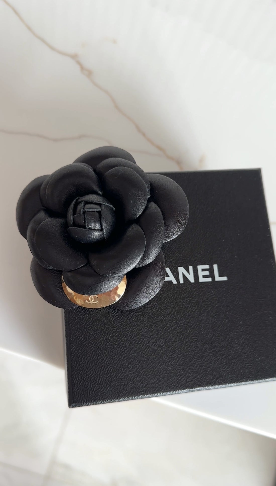 Chanel Black Leather Camelia Flower Brooch Pin with Metal Petal