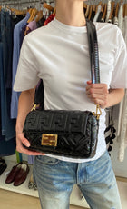 Fendi Baguette FF Zucca Embossed Black Patent Leather Two Way Shoulder Bag