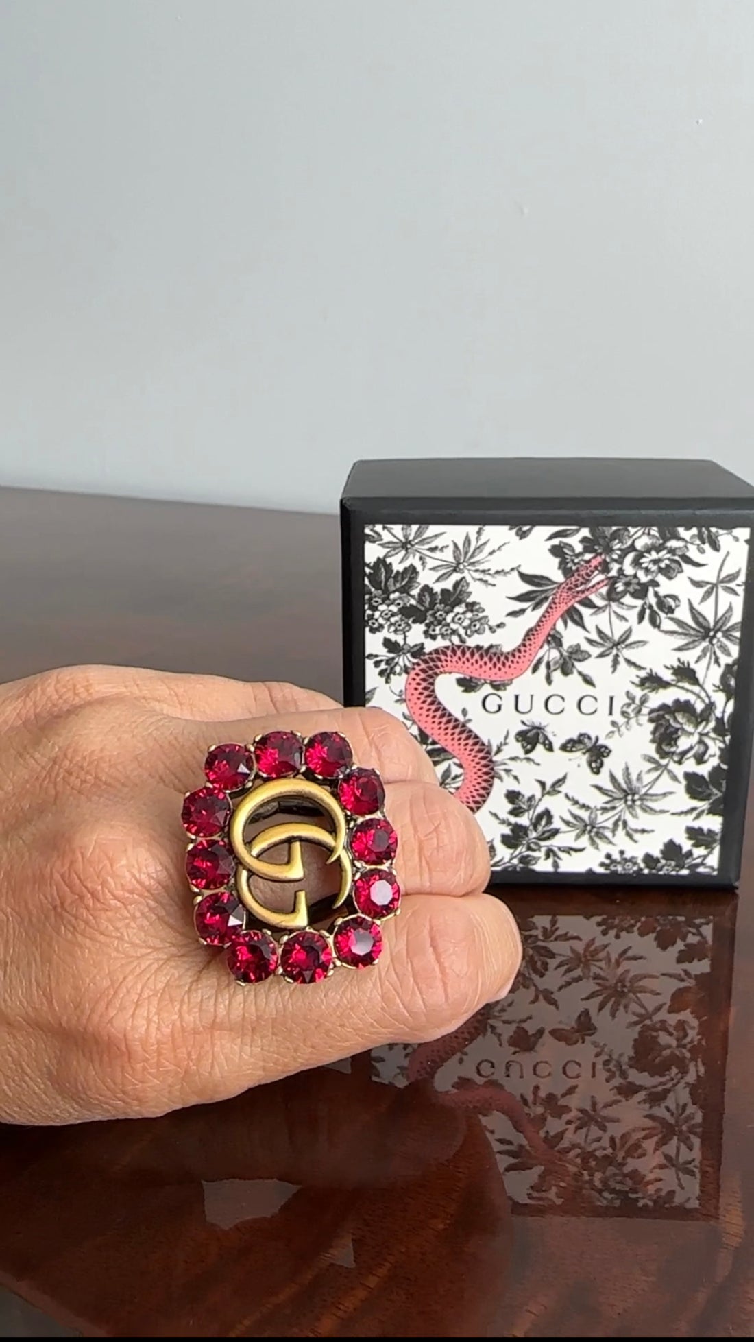 Gucci Fuchsia Crystal GG Marmont Brass Ring - S / 6.5