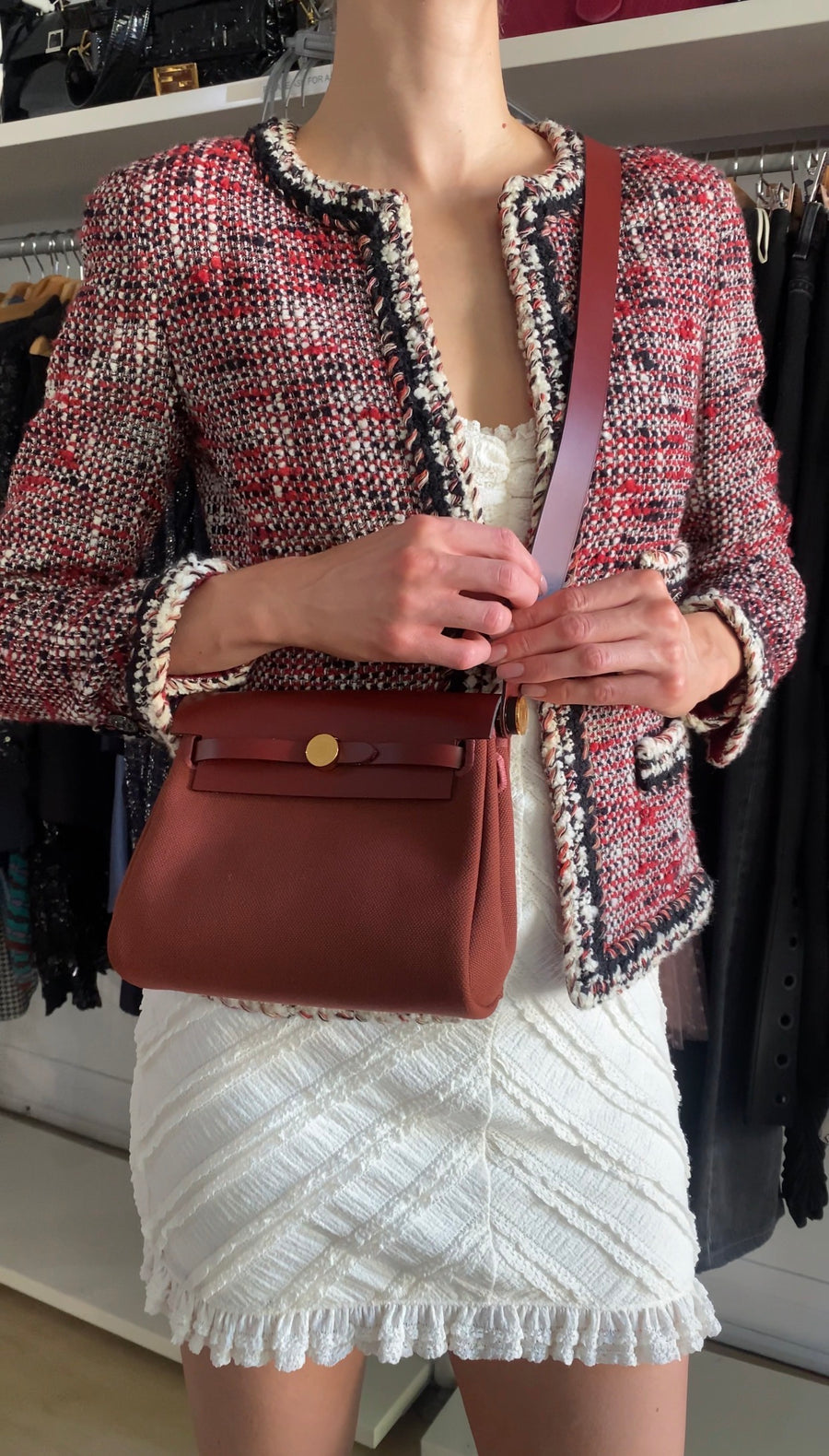 Hermes Herbag Zip Mini 20 Rouge H Toile Militaire / Vache Hunter GHW