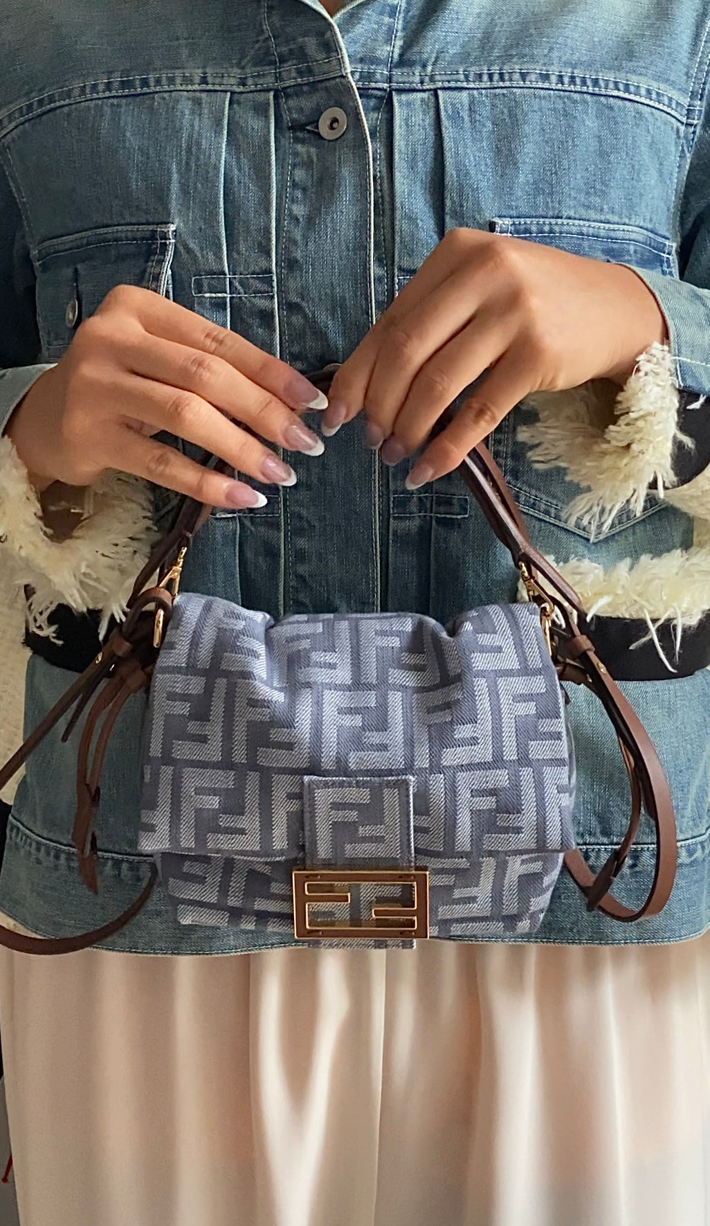 Fendi Blue Denim FF Jacquard Mamma Baguette Small Two Way Bag Small