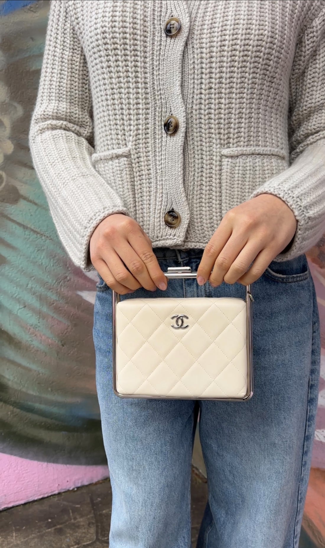 Chanel Cream Quilted Leather Metal Bar Frame Box Bag