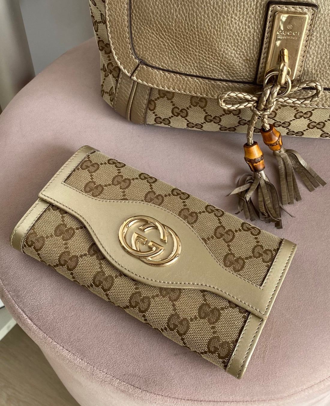 Gucci GG Monogram Canvas Metallic Taupe Leather Sukey Continental Wallet
