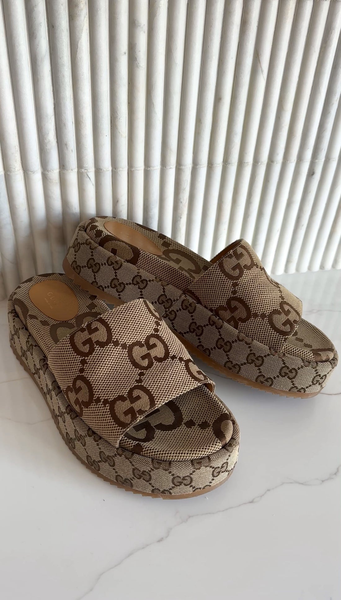 Gucci Brown Monogram Canvas GG Flatform Slide Sandal - 40