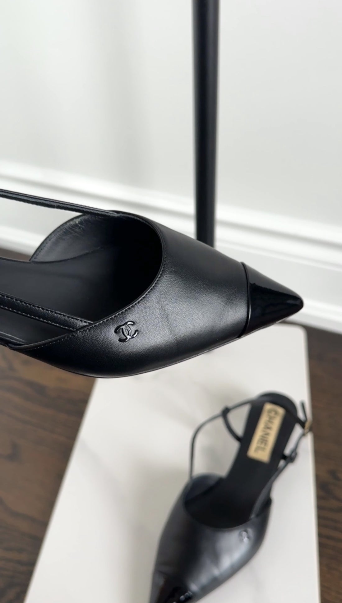 Chanel 22K Black Leather Cap Toe Slingback Kitten Heels - 36.5C