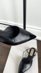 Chanel 22K Black Leather Cap Toe Slingback Kitten Heels - 36.5C