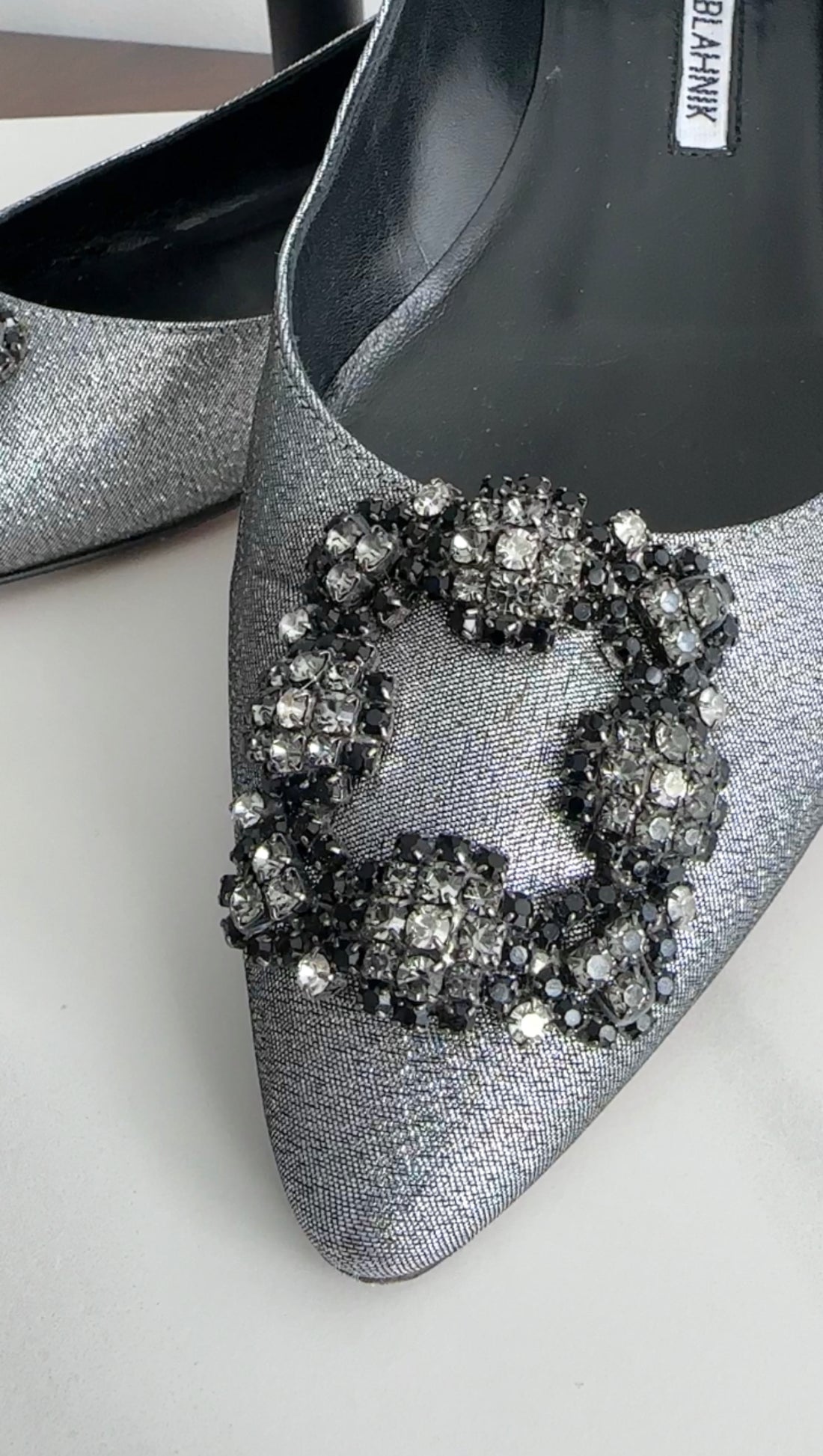 Manolo Blahnik Silver Metallic Hangisi Crystal Buckle Flats - 38