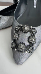 Manolo Blahnik Silver Metallic Hangisi Crystal Buckle Flats - 38