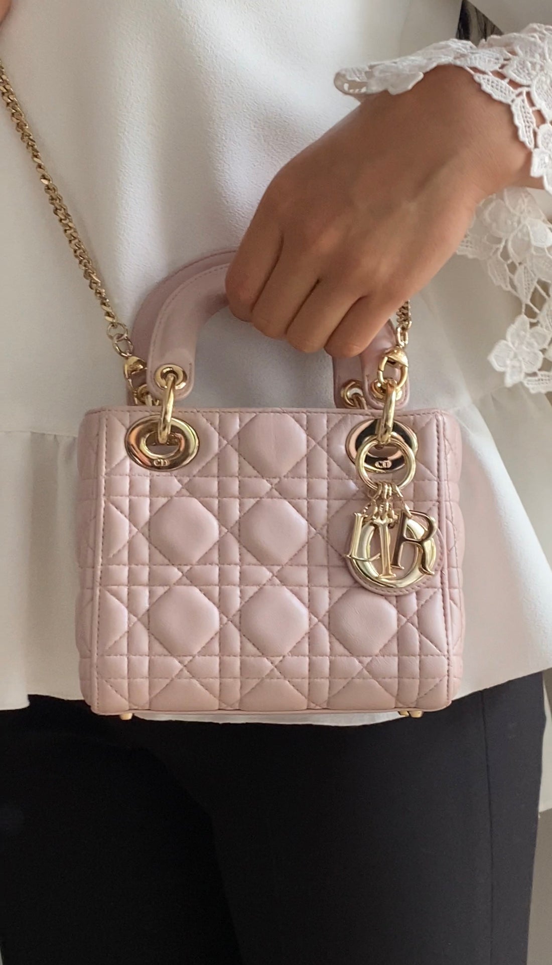 Christian Dior Mini Lady Dior Cannage Quilted Blush Pink Pearly Leather Two Way Bag GHW