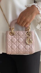 Christian Dior Mini Lady Dior Cannage Quilted Blush Pink Pearly Leather Two Way Bag GHW