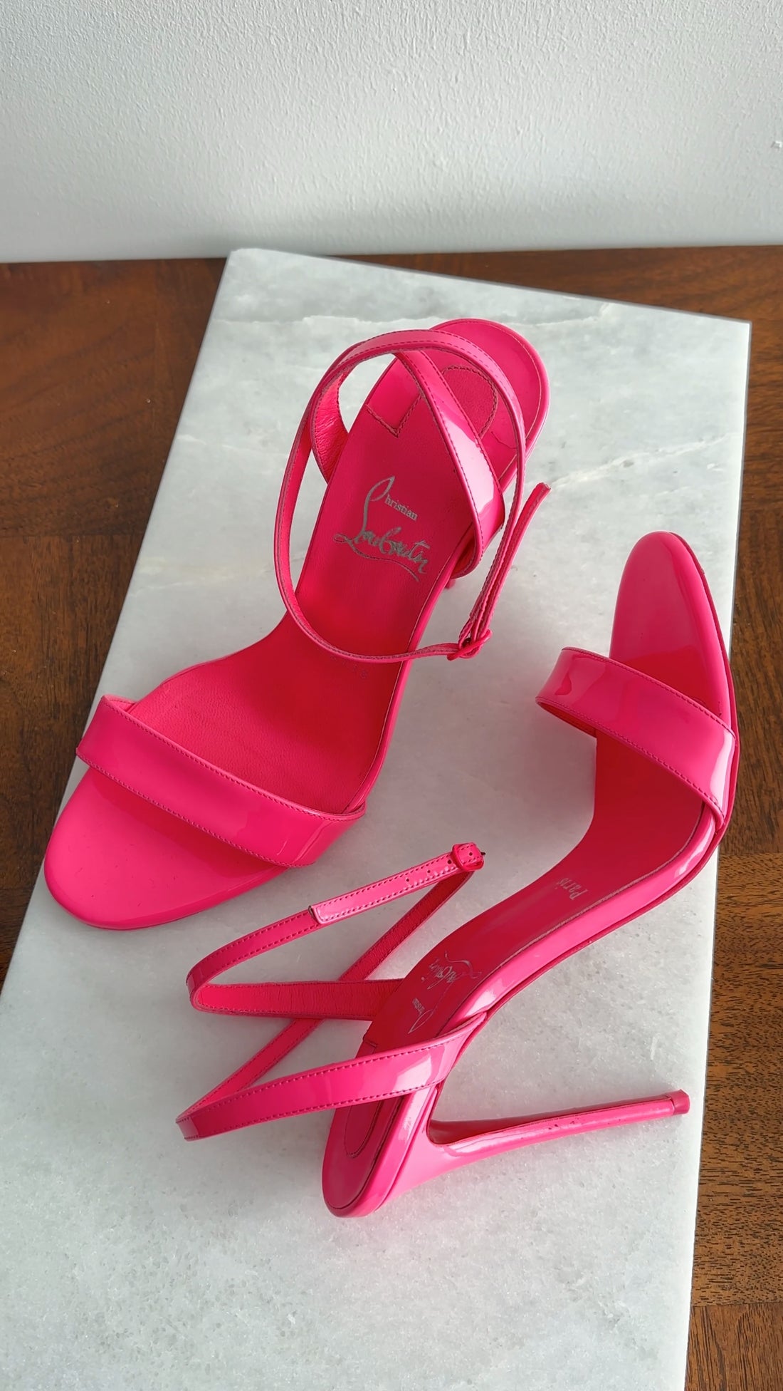 Christian Louboutin Hot Neon Pink Patent Ankle Strap Heels - 37.5