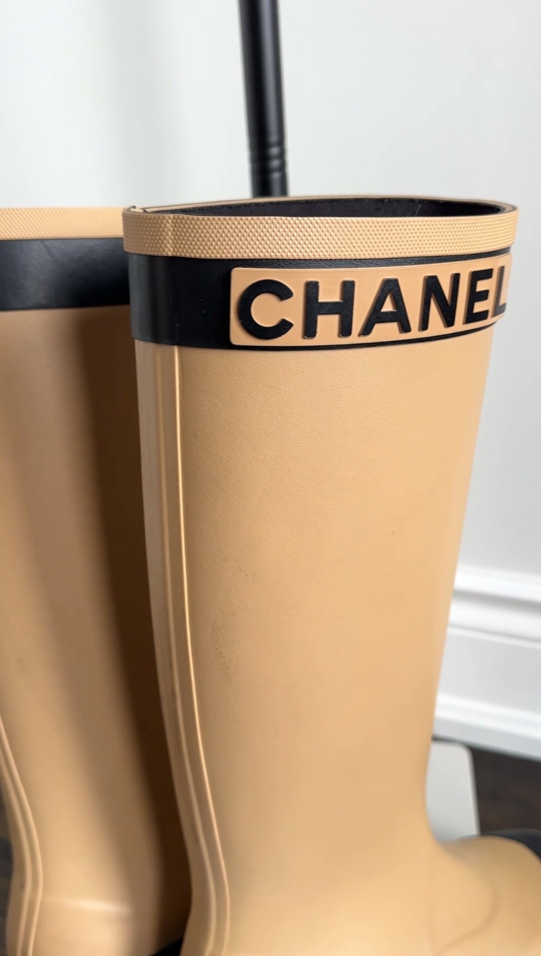 Chanel Beige and Black Tall Rubber Two-Tone Logo Rainboot - 37 / 6.5