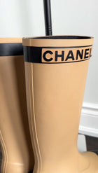 Chanel Beige and Black Tall Rubber Two-Tone Logo Rainboot - 37 / 6.5