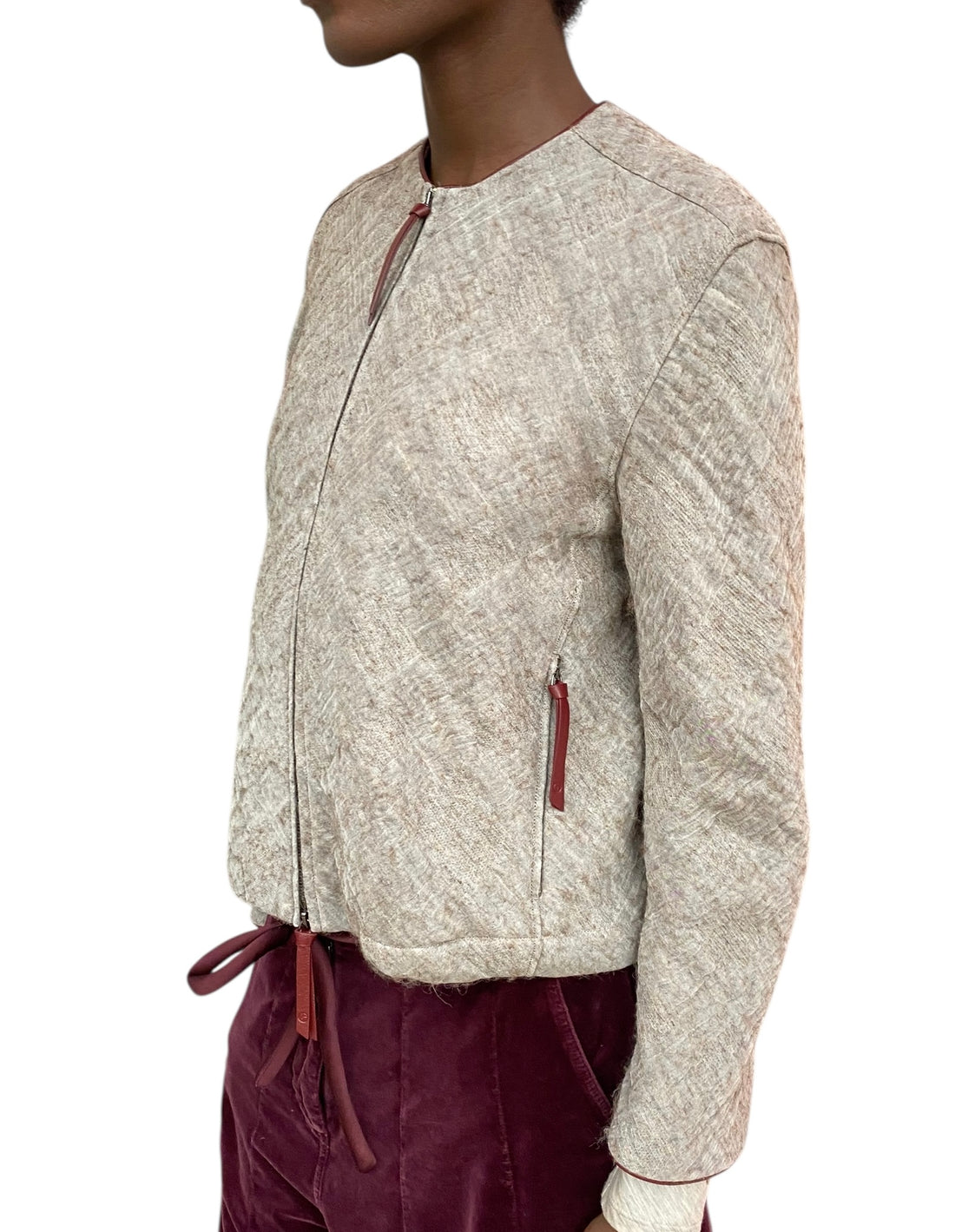 Giorgio Armani Beige & Burgundy Wool Zip Jacket - 42 / US 6