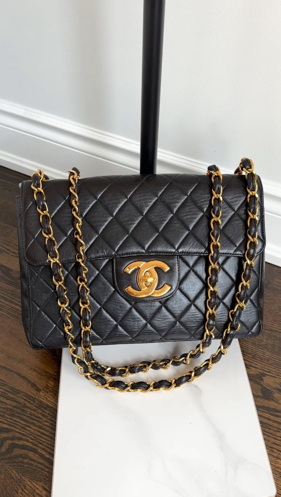 Chanel Vintage 1997 Black Lambskin Leather Jumbo CC Flap Bag