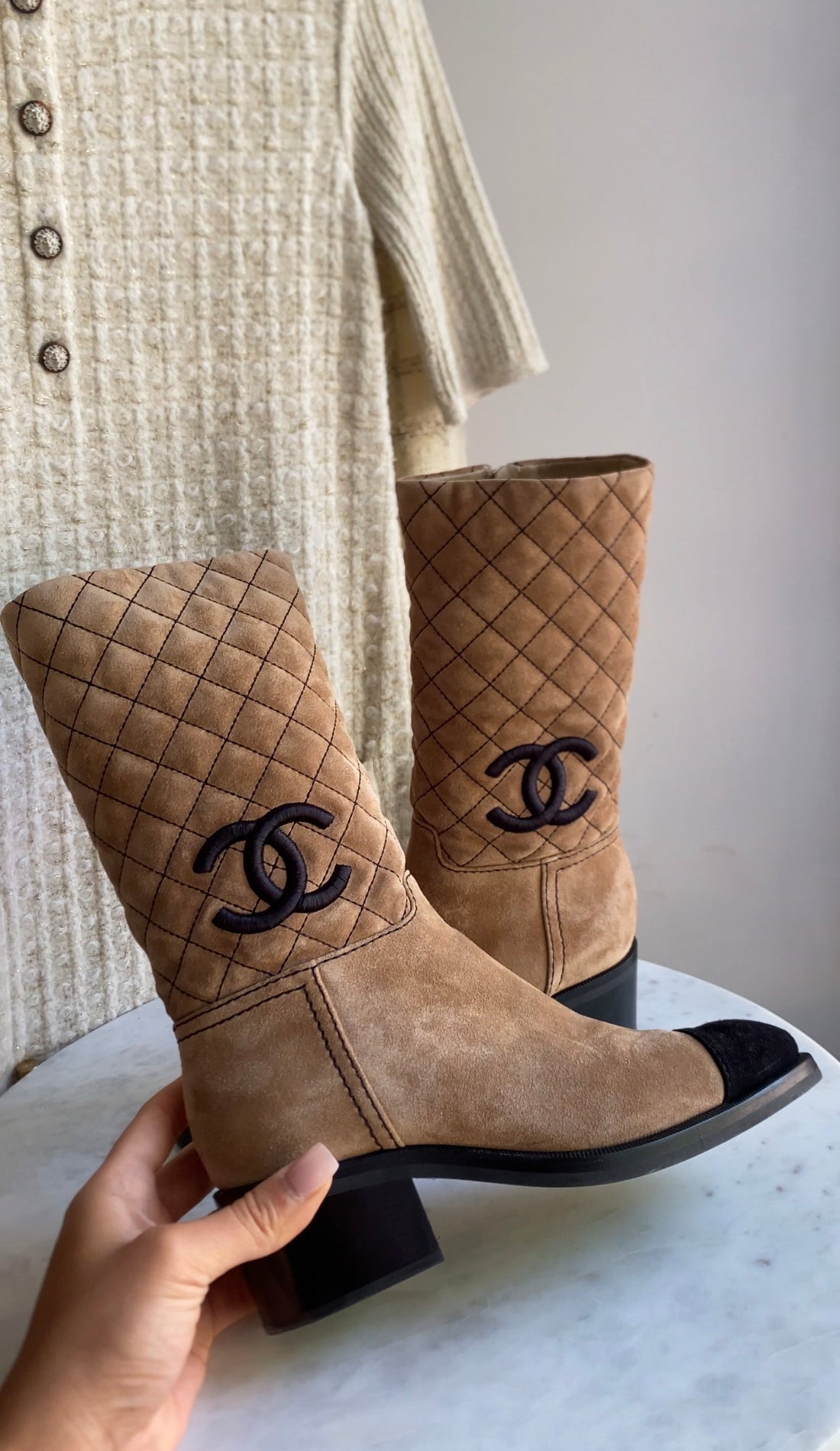Chanel Taupe 21K Suede Quilt CC Cap Toe Ankle Boot - 37