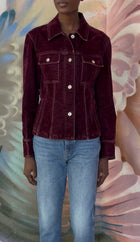 Ferragamo Plum Burgundy Velvet Distressed Jean Jacket - IT 42 / 6