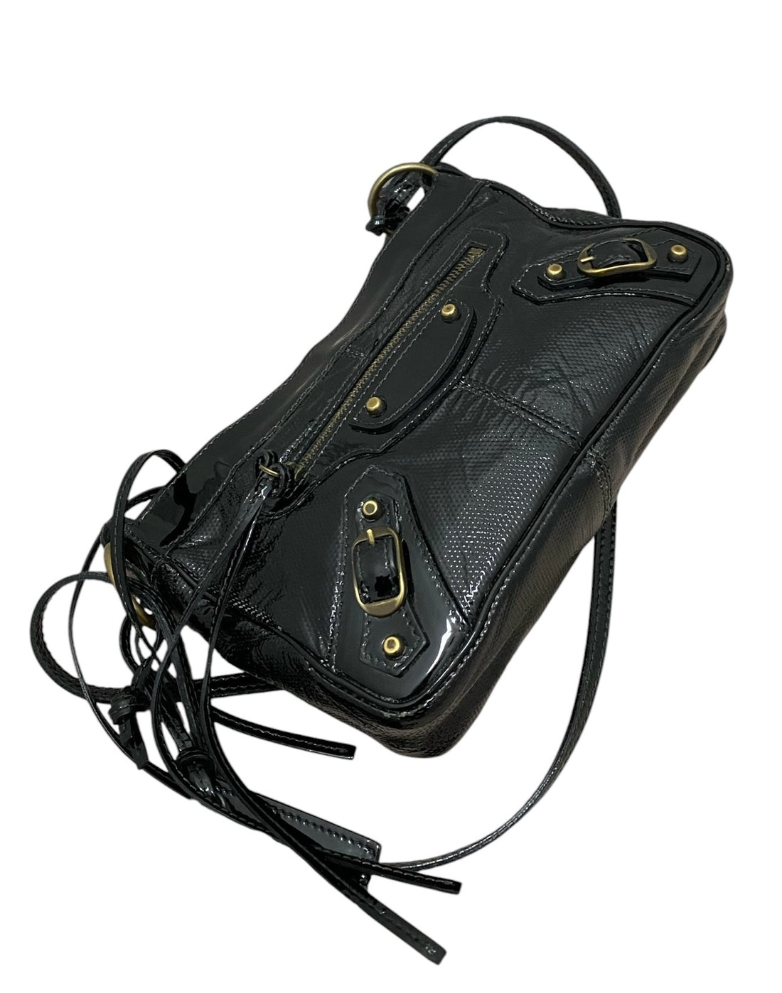 Balenciaga Black Textured Patent Le City Moto Classic Shoulder Pouch on Strap