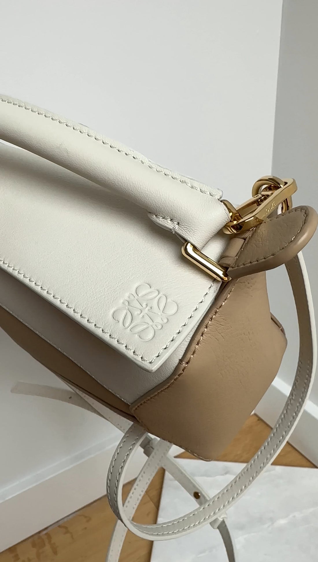 Loewe Beige and White Leather Mini Puzzle Edge Bag