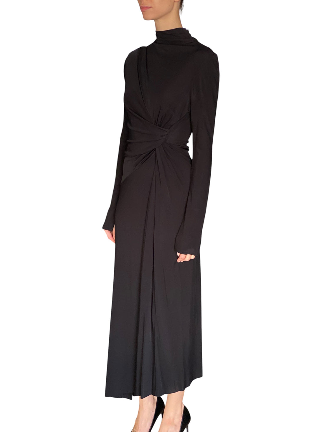 Victoria Beckham Black Gathered Turtleneck Long Sleeve Gown - US 6