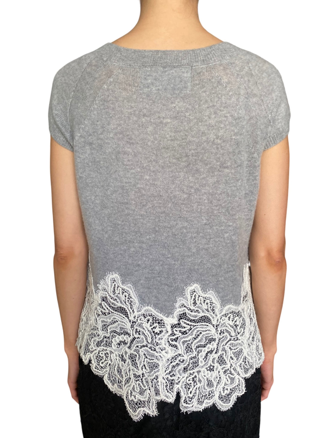 Ermanno Scervino Grey Cashmere Knit Lace Hem Cap Sleeve Top - S