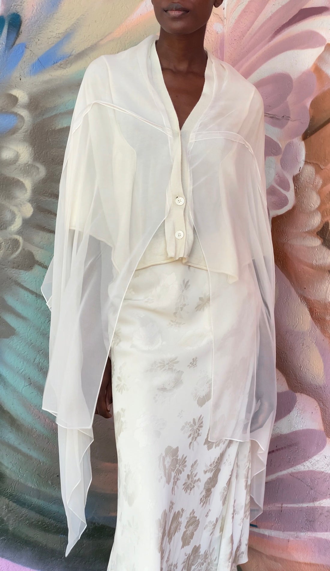 Sacai Ivory Sheer Silk overlay Knit Cape - O/S