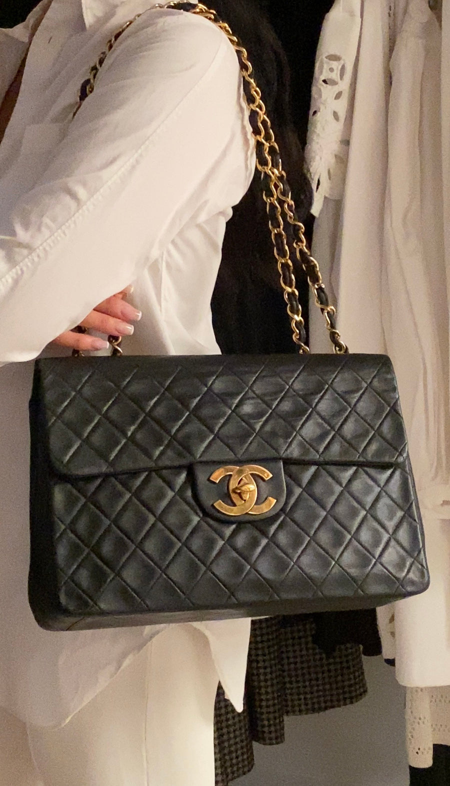 Chanel Vintage 1991 Classic Flap XL Maxi Black Leather GHW Chain Bag