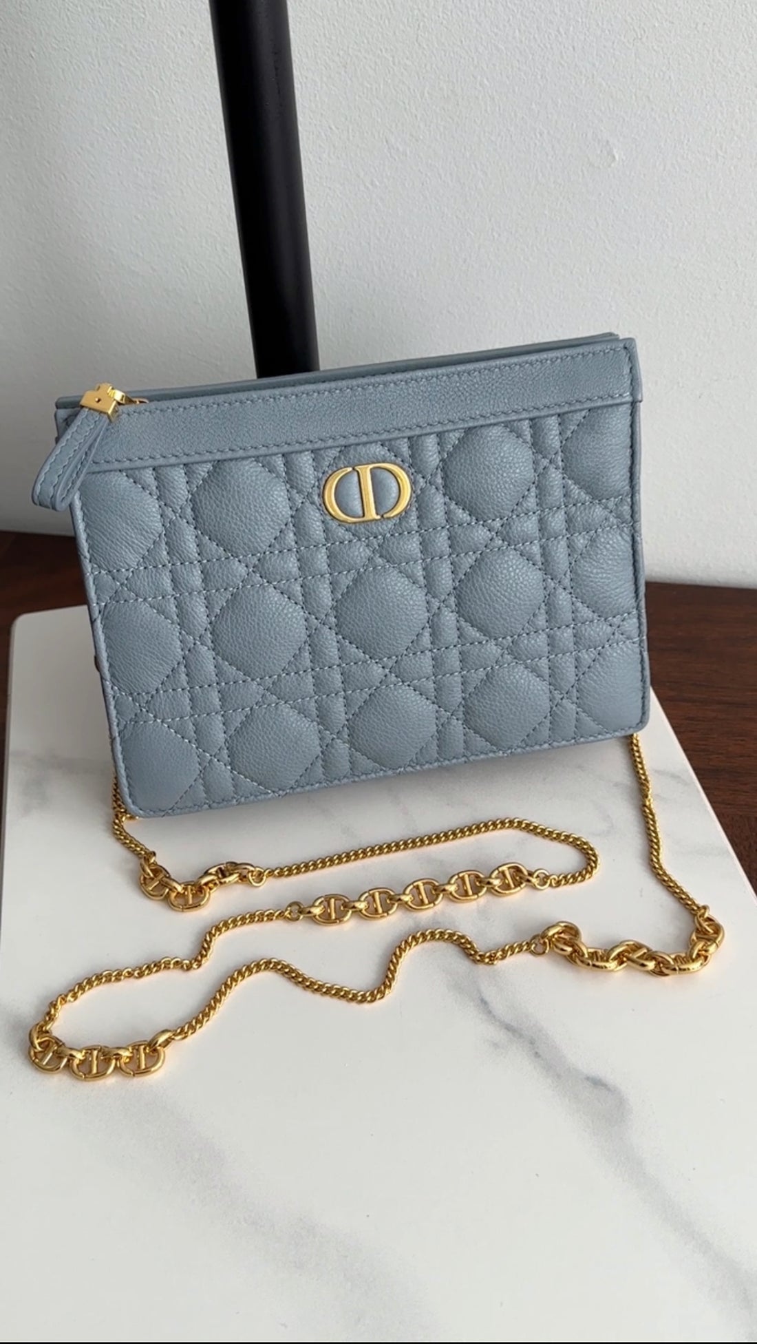 Christian Dior Cloud blue Quilted Leather Caro Every Dior Pouch on Chain