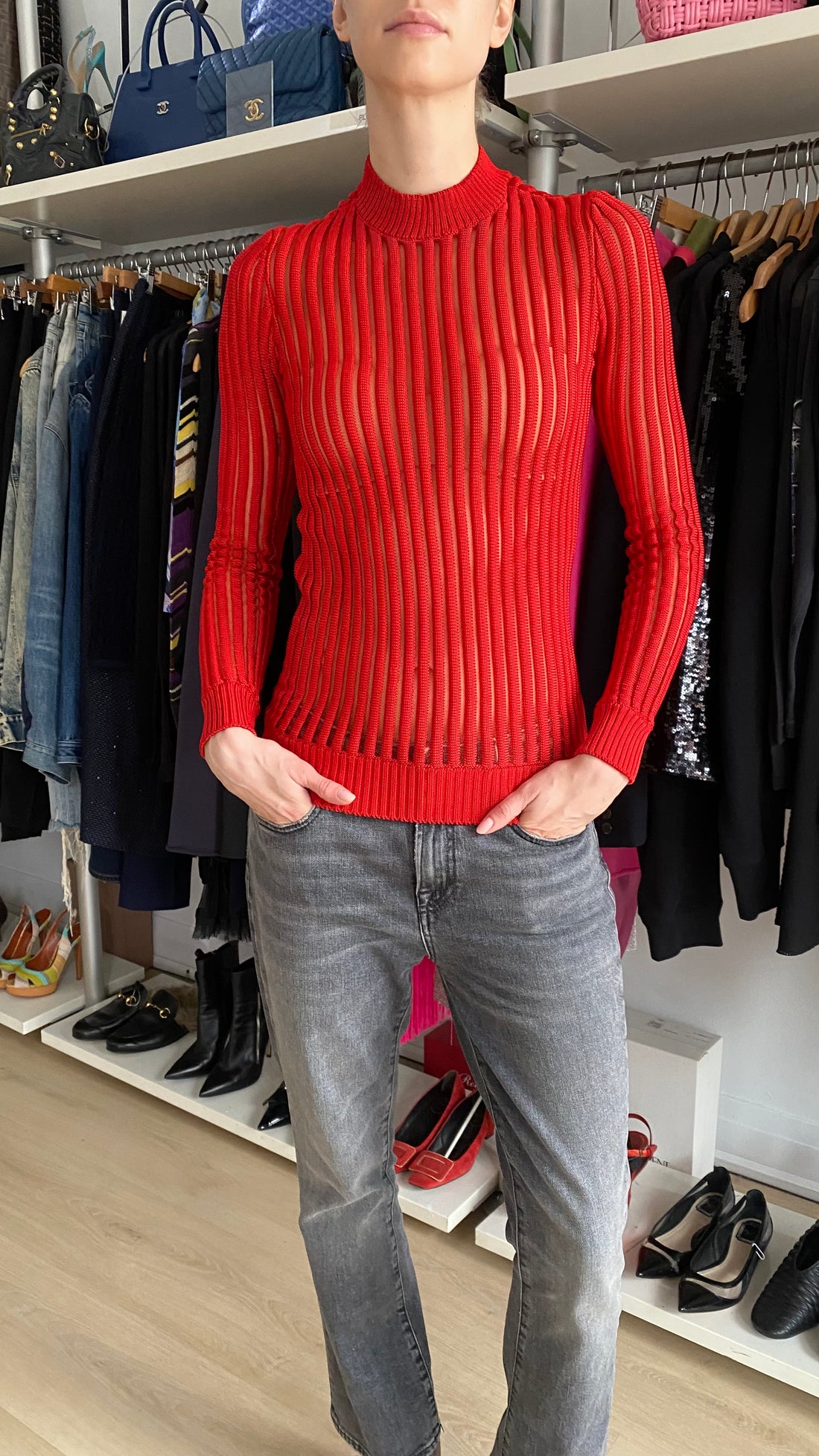 Balmain Red Rib Knit Mesh Long-Sleeve Top - US 0-2