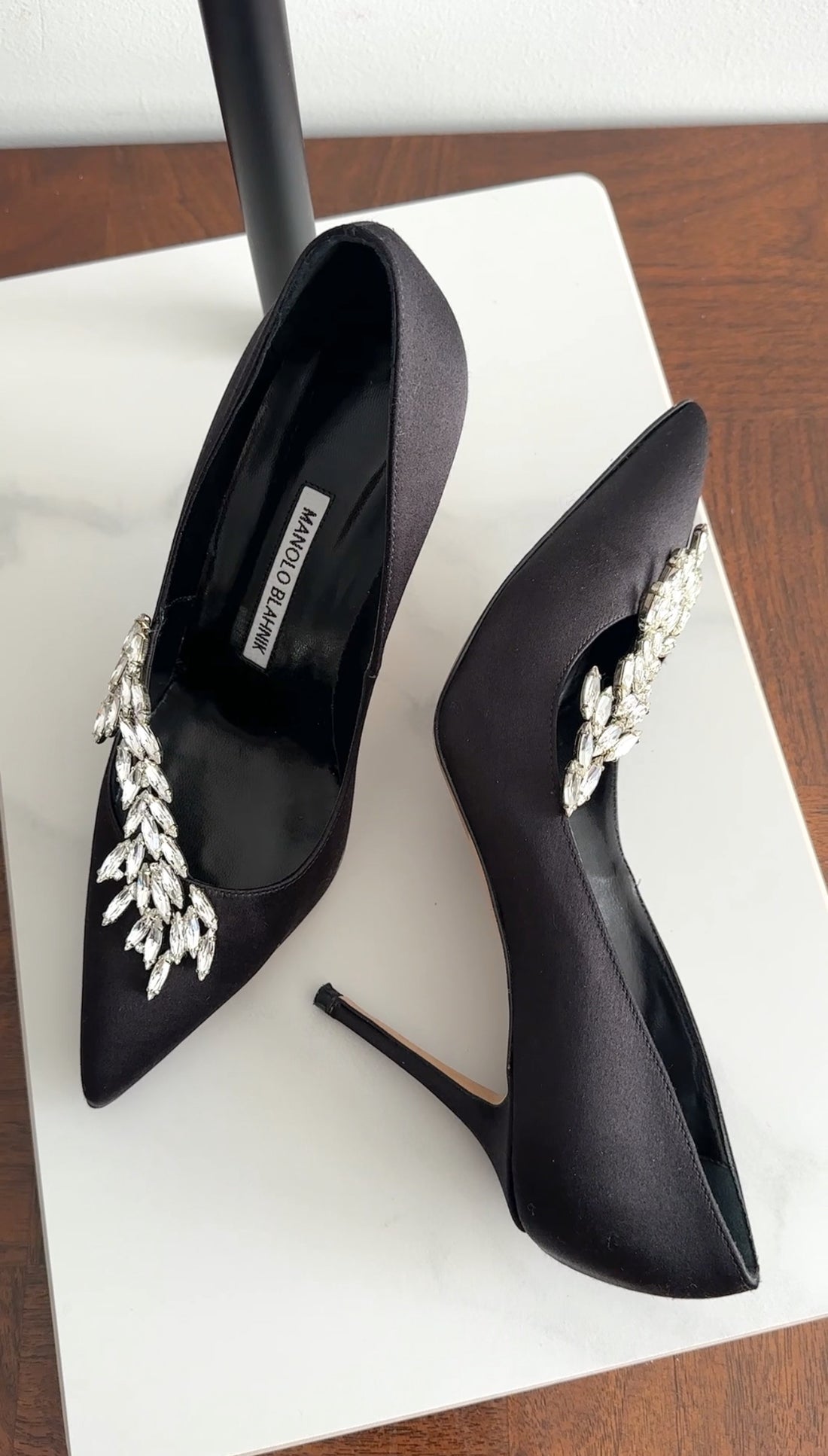 Manolo Blahnik Black Silk Satin Crystal Nadira Heels - 36.5 / 37