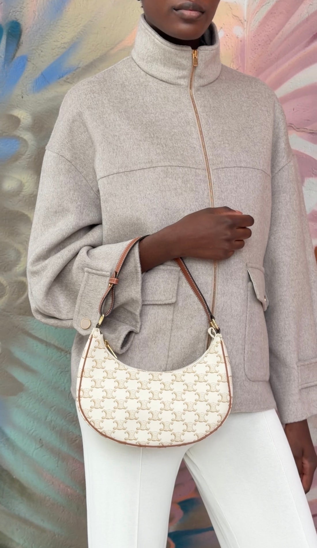 Celine Brown White Ava Medium Triomphe Coated Canvas Shoulder Bag
